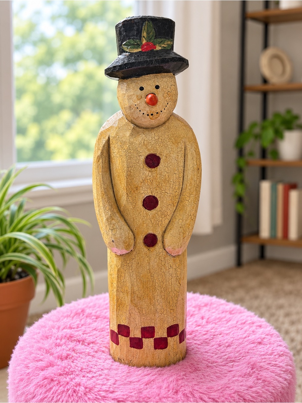 Primitive Folk Art Wooden Snowman Christmas Decor Crackle Finish